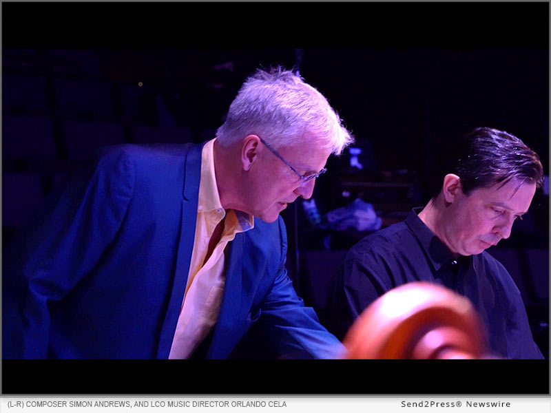 Composer Simon Andrews (left), winner of the LCO 2025 Call-for Scores, and LCO Music Director Orlando Cela, rehearsing Andrews’ work. Photo credit: Noya Photo